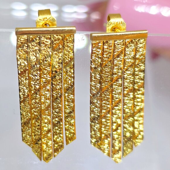 Vintage 14k Herringbone Chain Floral Pattern Chevron Dangle Italy Earrings - Picture 1 of 15